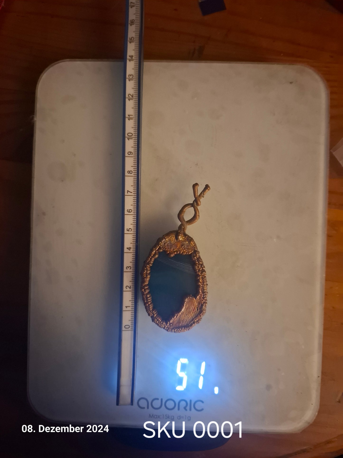 Electroformed Copper Pendant with Enclosed Blue Agate Disc