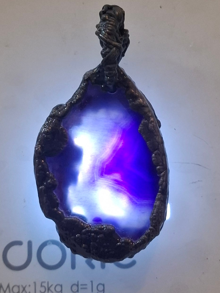 Electroformed Copper Pendant with Enclosed Purple Agate Disc and artificial patina