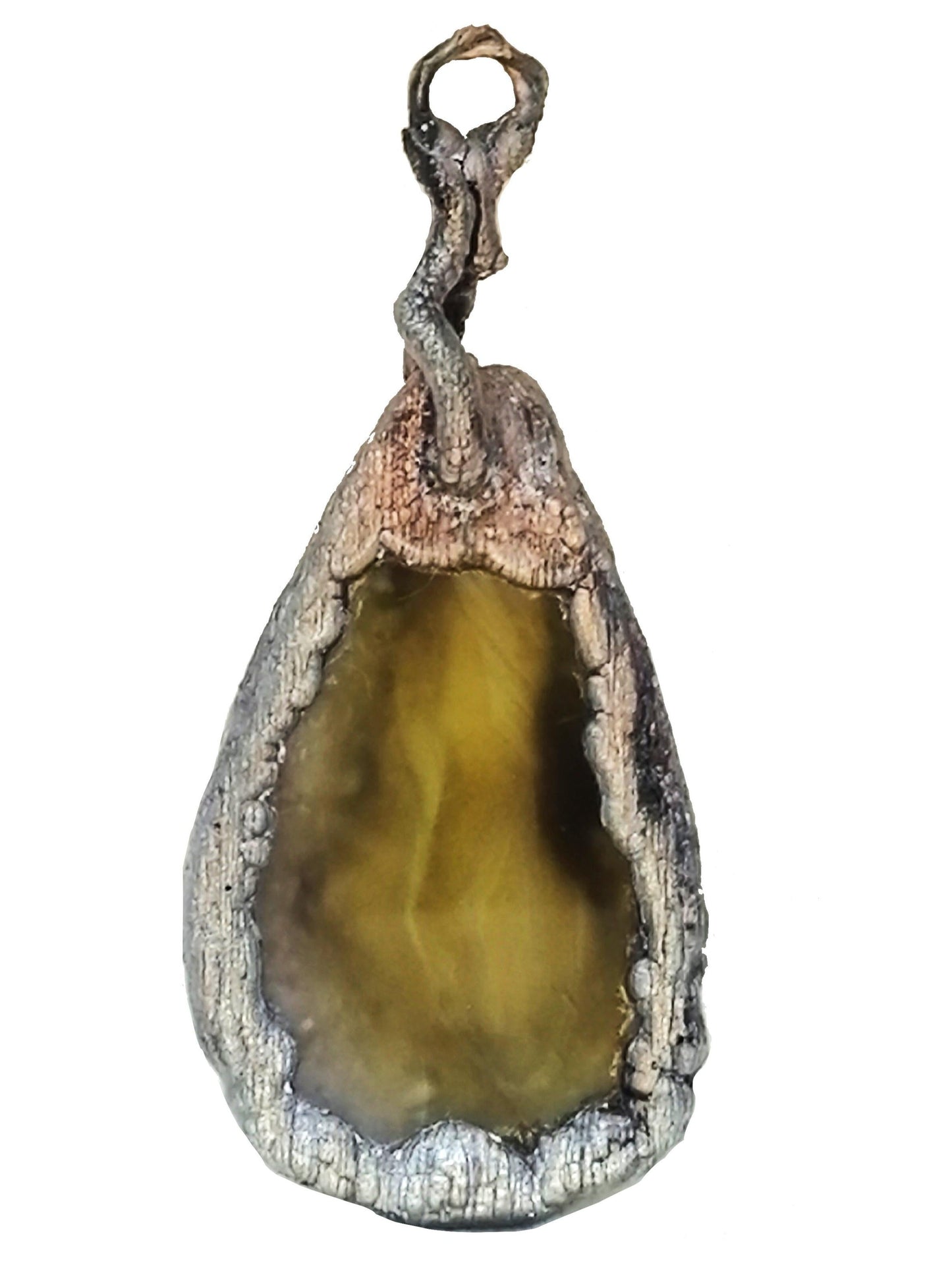 Electroformed copper pendant with enclosed yellow agate disc, silver-plated