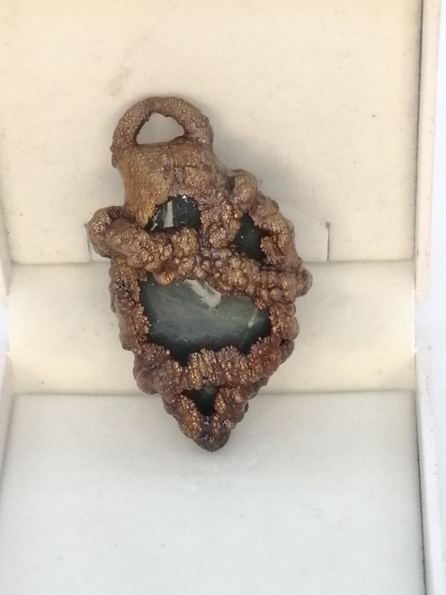 electroformed copper pendant with enclosed labradorite and iridescent patina - carpenoctemworkshop