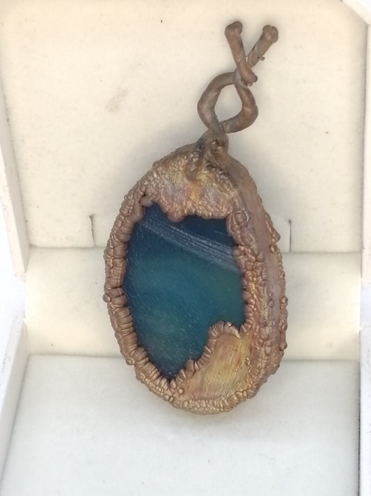 Electroformed Copper Pendant with Enclosed Blue Agate Disc