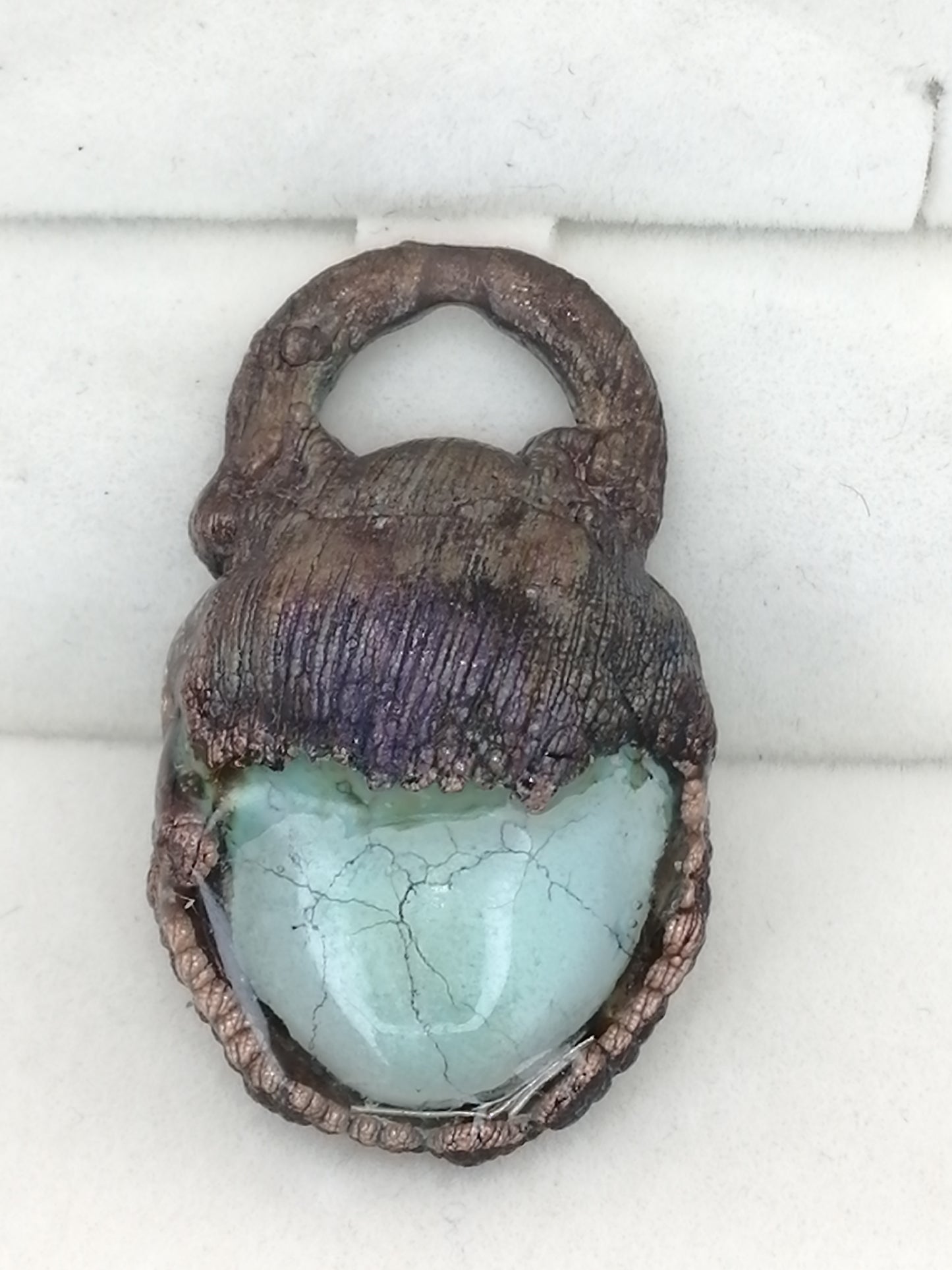 electroformed copper pendant with enclosed malachite and artificial patina